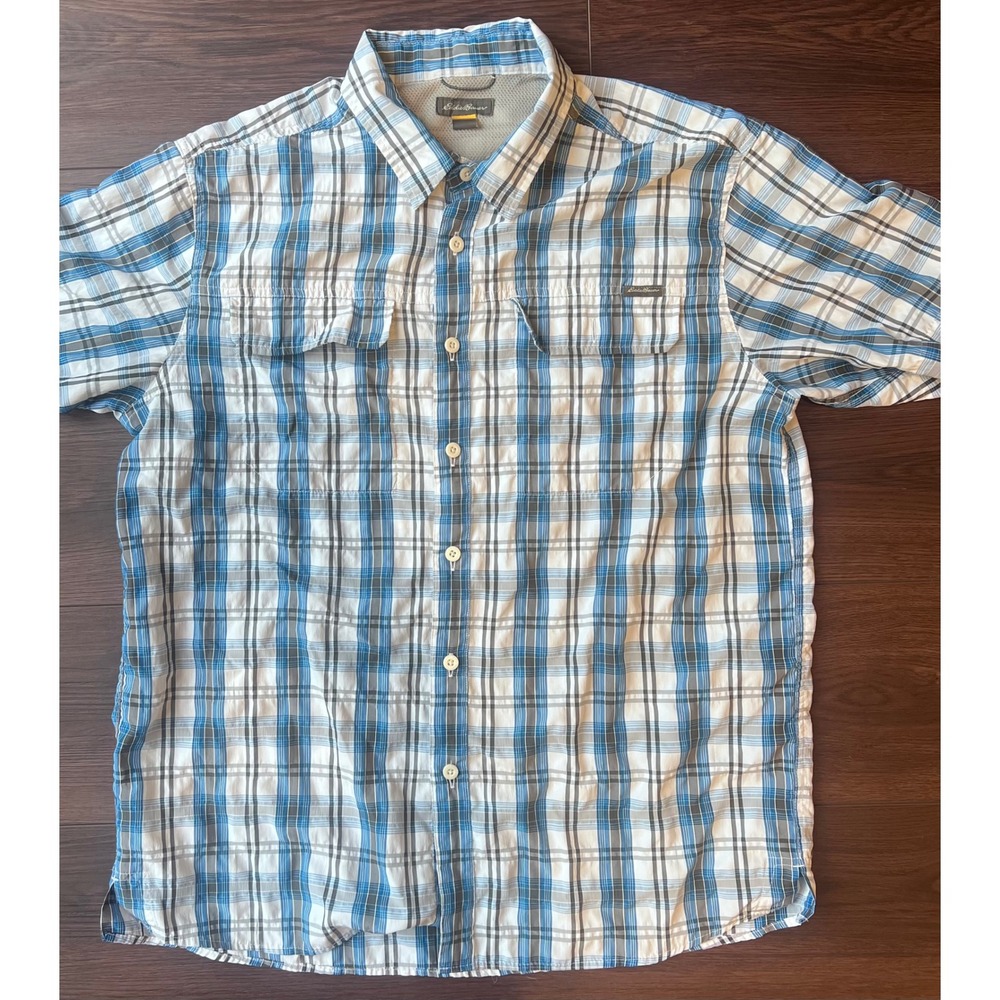 Eddie Bauer First Ascent Mens Large Blue Plaid Short Sleeve Hiking Shirt L